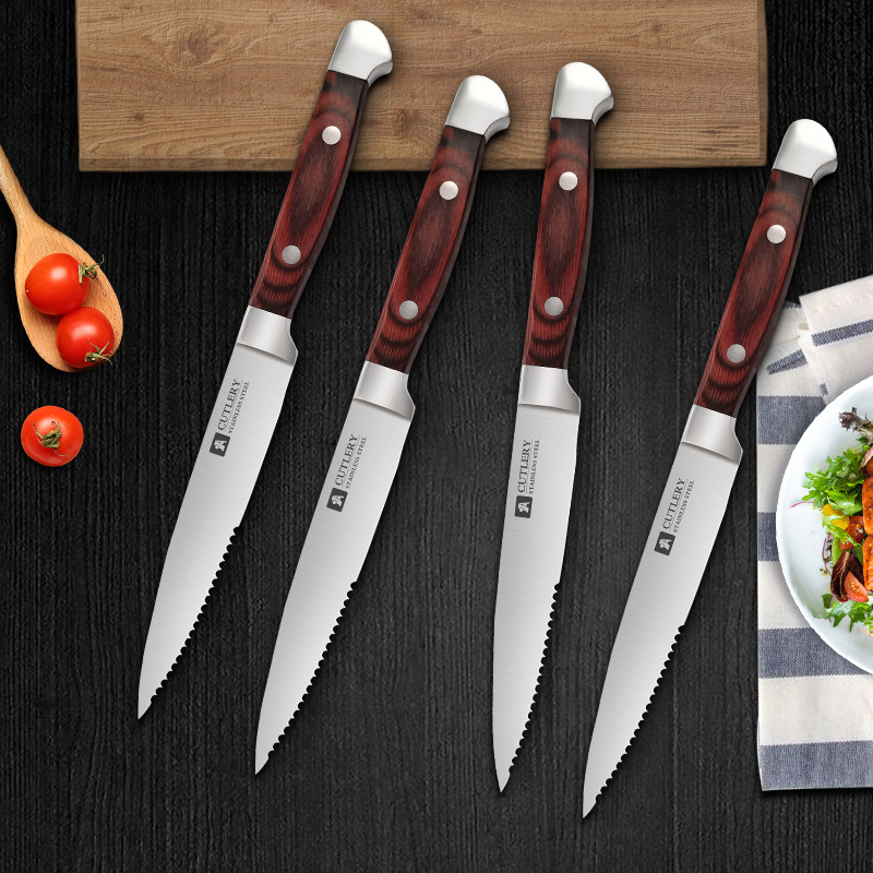 Professional Kitchen Chef Knife Steak Knives Customised Stainless Steel Set Of 4 Sharp Serrated Steak Knife With Wooden Handle