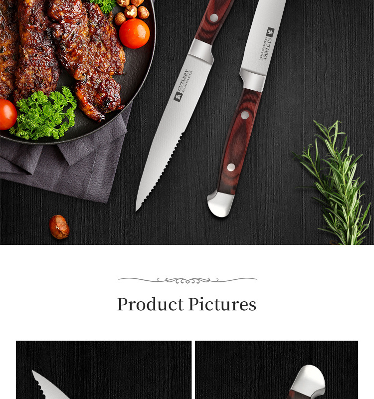 Professional Kitchen Chef Knife Steak Knives Customised Stainless Steel Set Of 4 Sharp Serrated Steak Knife With Wooden Handle