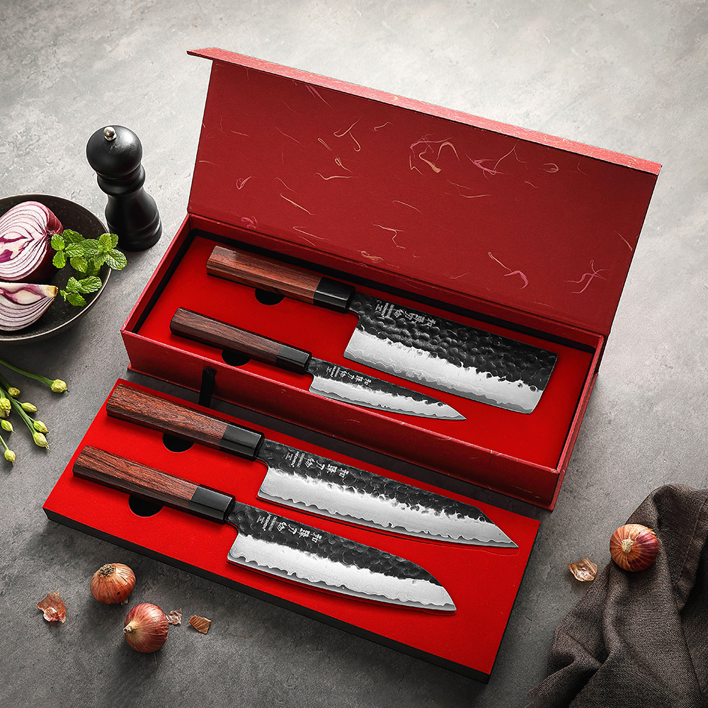 High carbon stainless steel Knives 10Cr core Professional Restaurants Kitchen Red wood chef knife set of 4