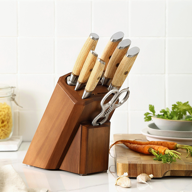 New 8 pcs Composite Stainless Steel Pakka Wood Handle Kitchen Knife Set Sharpener Scissors Accessories with Holder