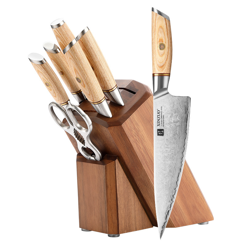 New 8 pcs Composite Stainless Steel Pakka Wood Handle Kitchen Knife Set Sharpener Scissors Accessories with Holder