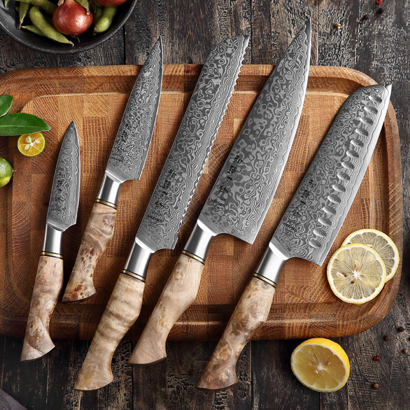 5 pcs Super Sharp Damascus Steel Premium Kitchen Knives Chef Knife Set with figured sycamore wood handle