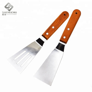 Small size 2pcs Stainless Steel slotted beef turner solid spatula Fish shovel  with wooden handle