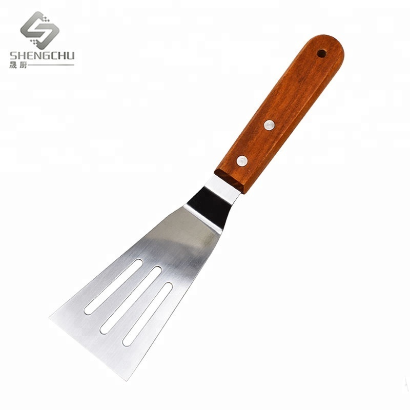 Small size 2pcs Stainless Steel slotted beef turner solid spatula Fish shovel  with wooden handle