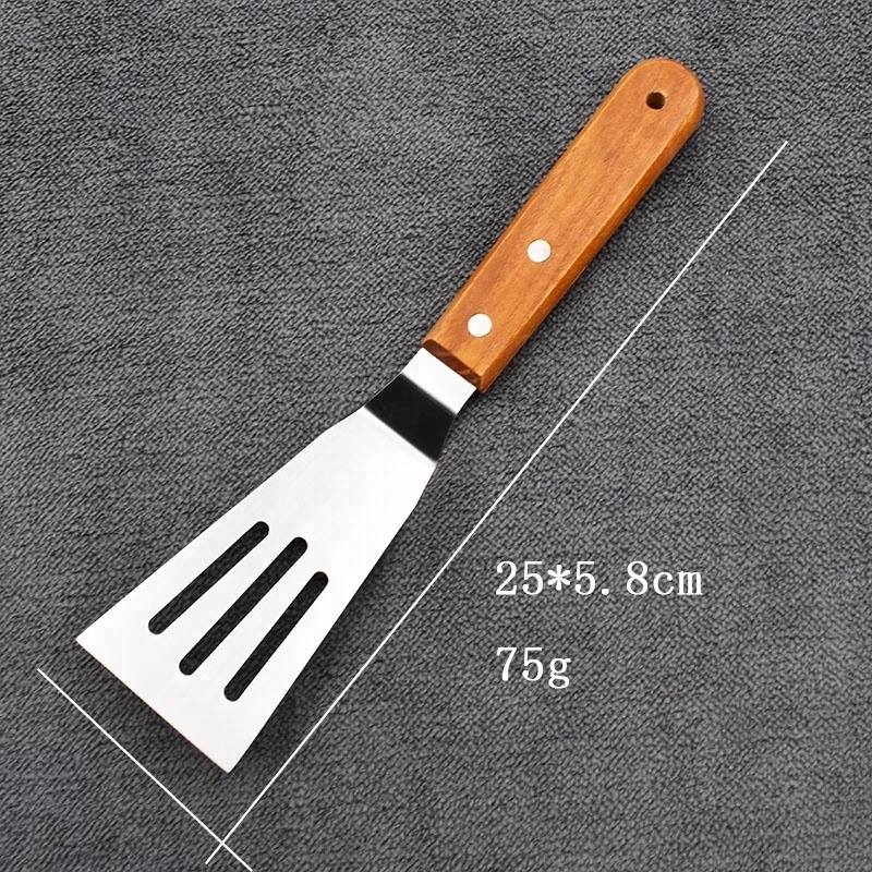 Small size 2pcs Stainless Steel slotted beef turner solid spatula Fish shovel  with wooden handle