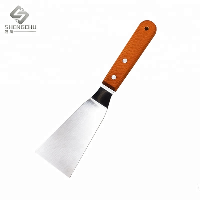 Small size 2pcs Stainless Steel slotted beef turner solid spatula Fish shovel  with wooden handle