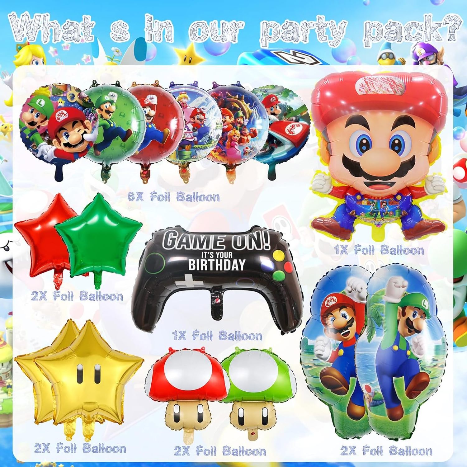 New 6pcs Super Mario Bros Balloons Happy Birthday Party Supplies Mushroom Character Foil Balloons Sets Game Globos Sets