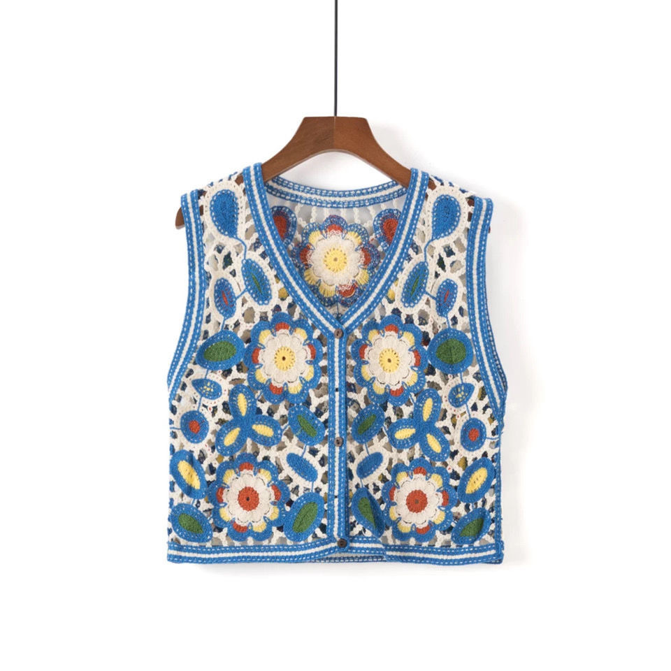 Colorful Hand Crochet Embroidery Openwork Knit New hollow sleeveless V-neck embroidered vest top women's vest