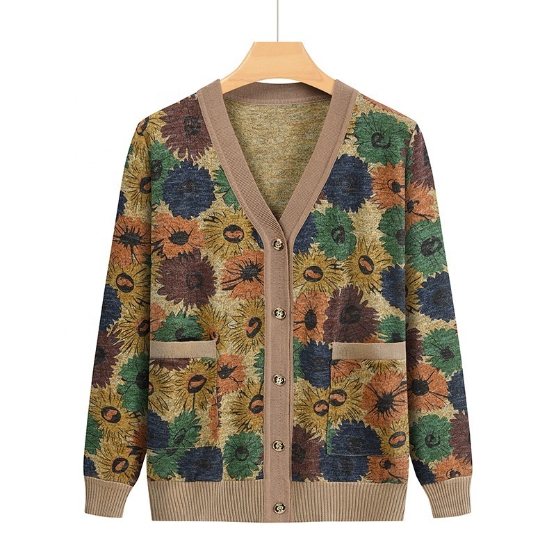 Wholesale Spring and Autumn V-neck printing allover with pocket floral print top woman for Mum's women cardigan