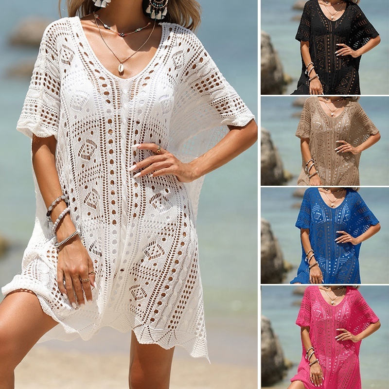 Women's Sexy bikinis Cover Up Short Knitted Vacation sexy hollow texture deep V loose pullover bikini sunscreen beach cover-up