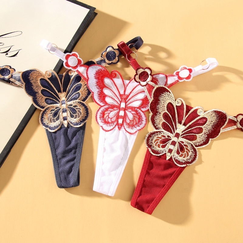 Cute Butterfly Embroidery Women Thongs G Strings Sexy Transparent Mesh Briefs Adjustable Waist Panties G-string Thong