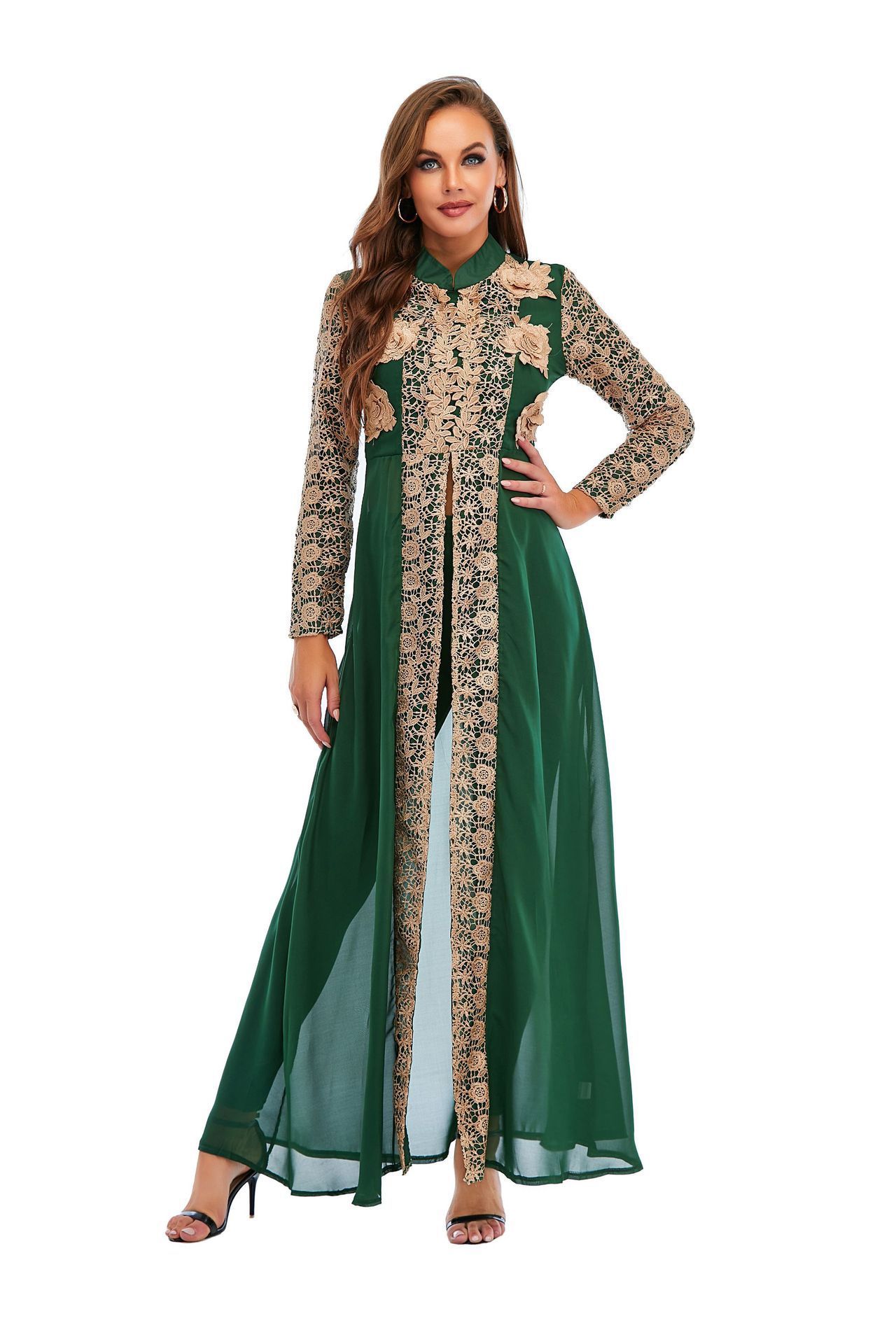 Best sales abaya dubai monsoon Arabic Evening Dress skirt printing Long Sleeve Moroccan women Kaftan Gown Muslim Prom