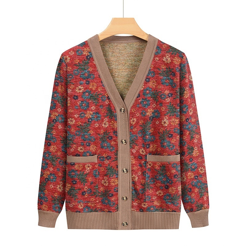 Wholesale Spring and Autumn V-neck printing allover with pocket floral print top woman for Mum's women cardigan