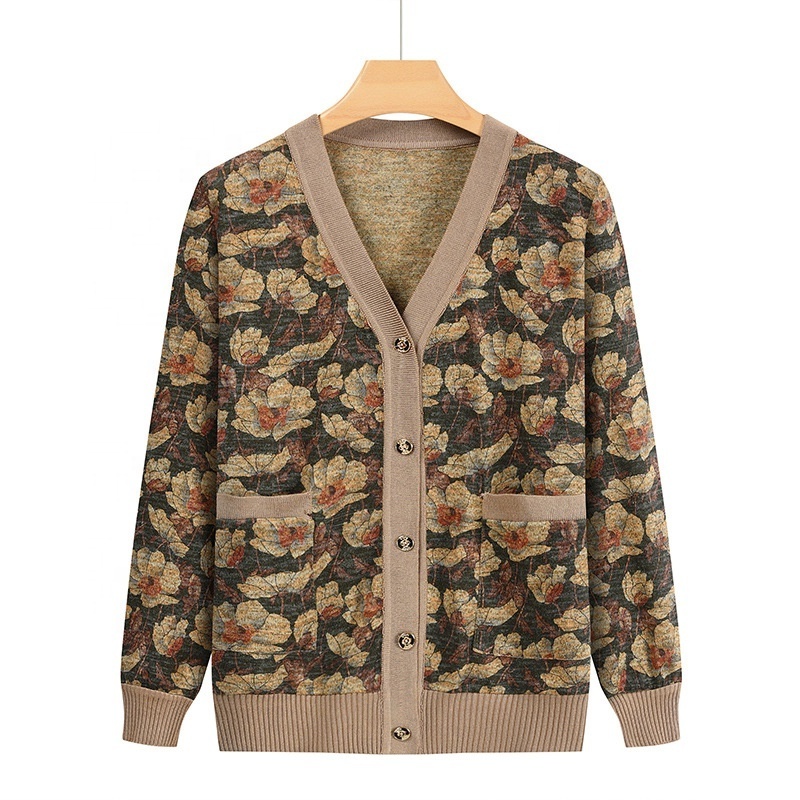 Wholesale Spring and Autumn V-neck printing allover with pocket floral print top woman for Mum's women cardigan