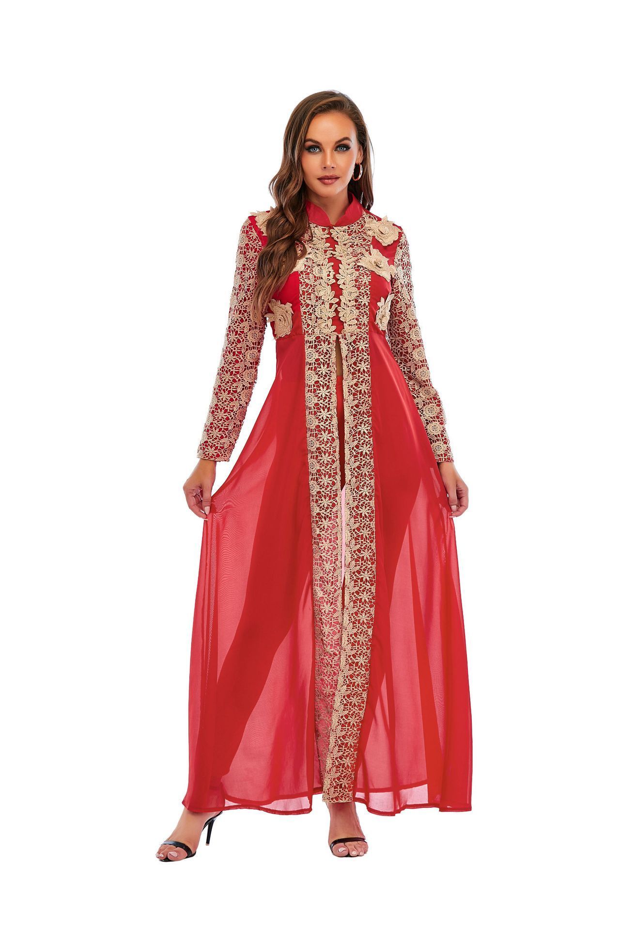 Best sales abaya dubai monsoon Arabic Evening Dress skirt printing Long Sleeve Moroccan women Kaftan Gown Muslim Prom