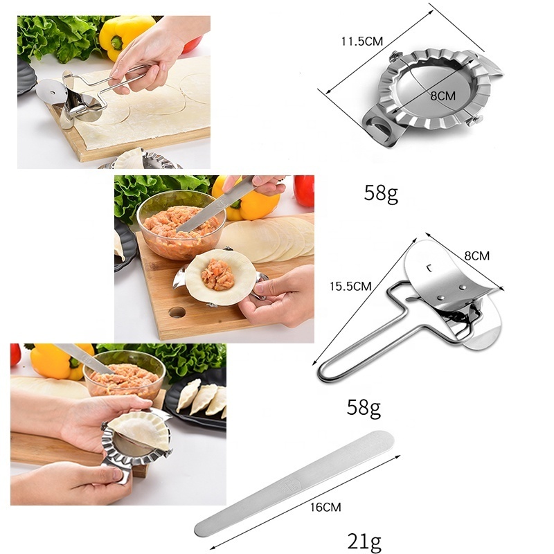 Stainless steel dumpling mold set of 3, including stuffing spoon, dough press mold & dumpling pierogi mold #S