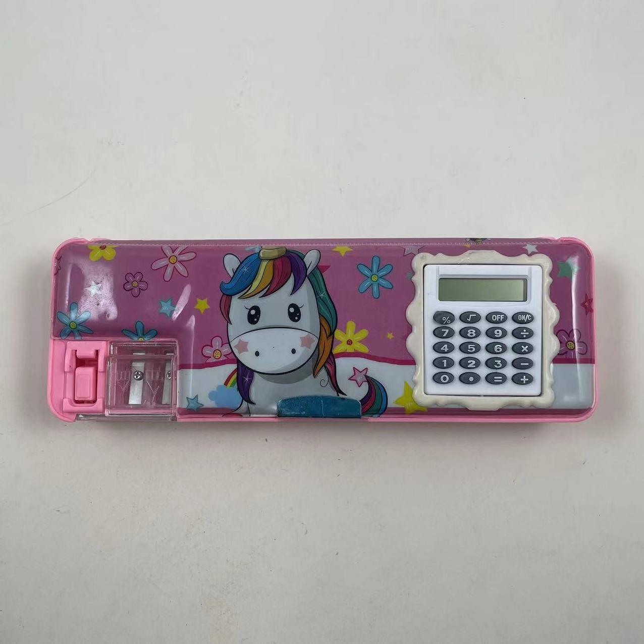 Customized lovely pink pencil box with calculator & pencil sharpener multifunctional pencil box