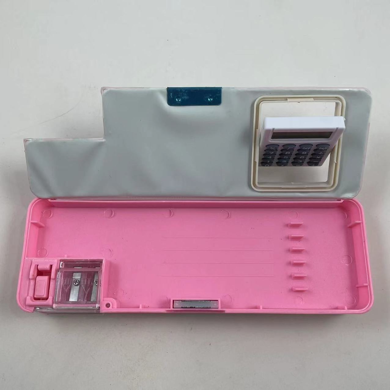 Customized lovely pink pencil box with calculator & pencil sharpener multifunctional pencil box