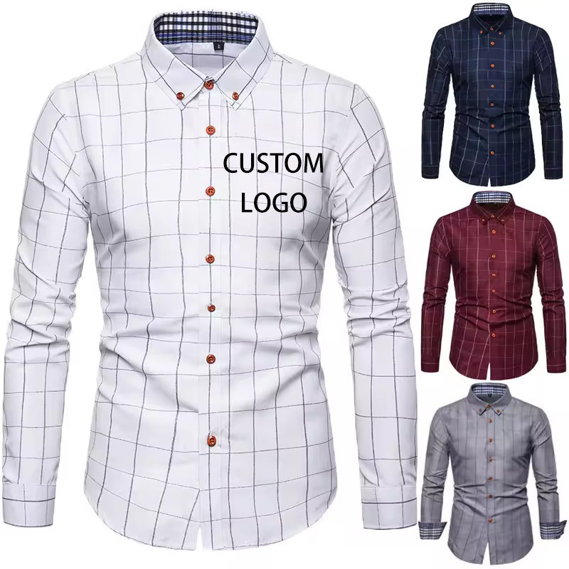 Custom Business Work Office Casual Striped Shirts Long Sleeve Plaid Cotton Social Formal Dress Men's Breathable Shirts