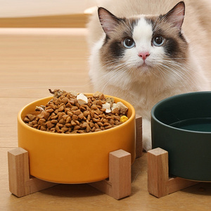 Luxury Pet Feeder Elevated Raised Cat Food pet accessories High Non Slip Bamboo Stand Insulated Double Ceramic Dog Bowl