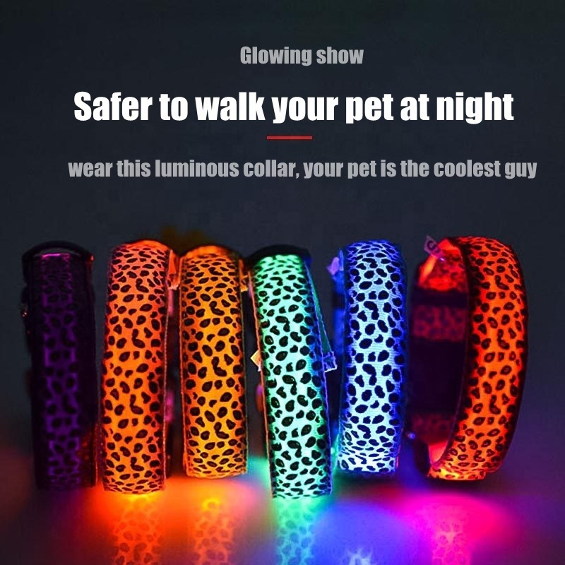 Leopard Led Dog Collar Flashing Nylon 3 Mode Lighting  Usb Chargeable Leopard Print Dog Pet Collar Dog Collars Manufacturers