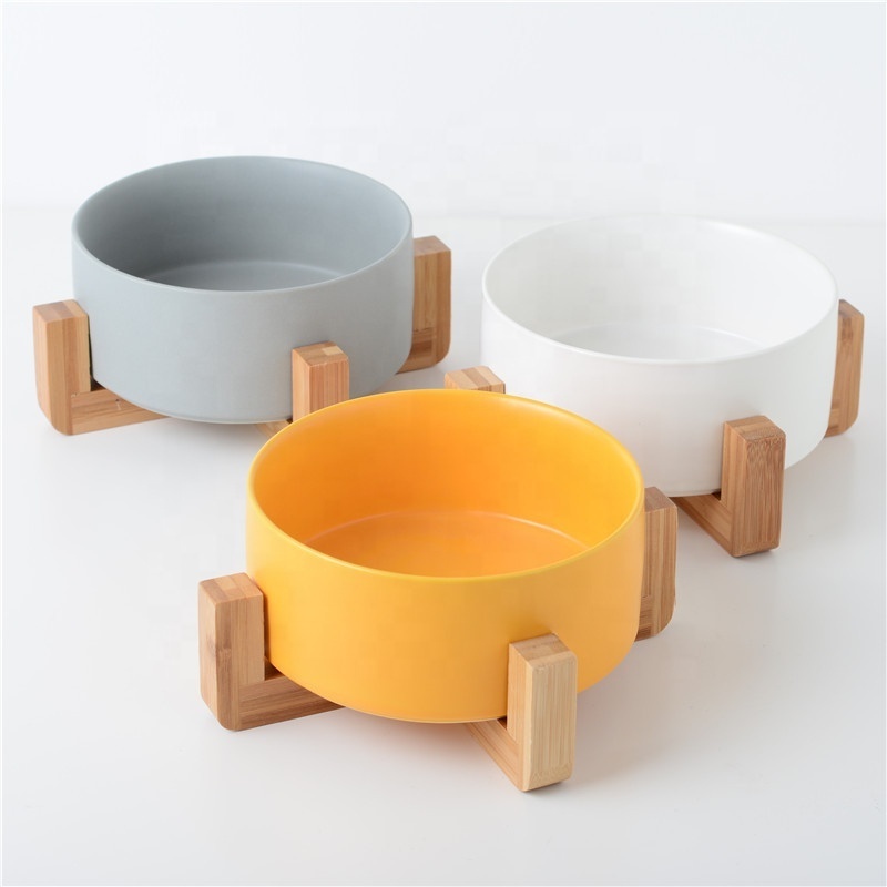 Luxury Pet Feeder Elevated Raised Cat Food pet accessories High Non Slip Bamboo Stand Insulated Double Ceramic Dog Bowl