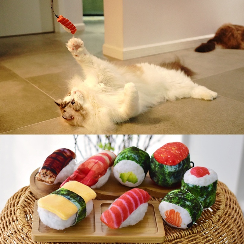 Factory Hot 8 Pack Sushi Cat Toys With Catnip Sushi Roll Pillow Kitten Chew Bite Relief Cleaning Plush Gift Pet Toy