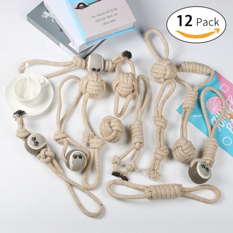 Custom cat pet dog chew toy 12 pack set ball rubber cotton rope durable dog toy