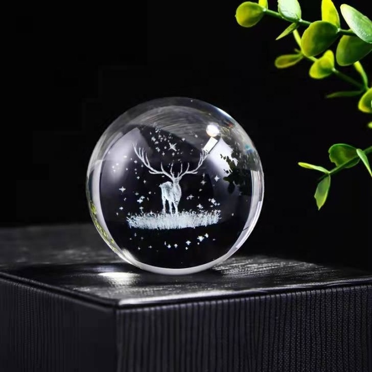 Custom Crystal ball glass ball desktop decoration small wood night light 3d Inside carving deer crystal ball