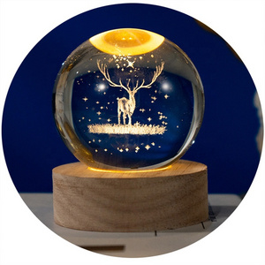 Custom Crystal ball glass ball desktop decoration small wood night light 3d Inside carving deer crystal ball