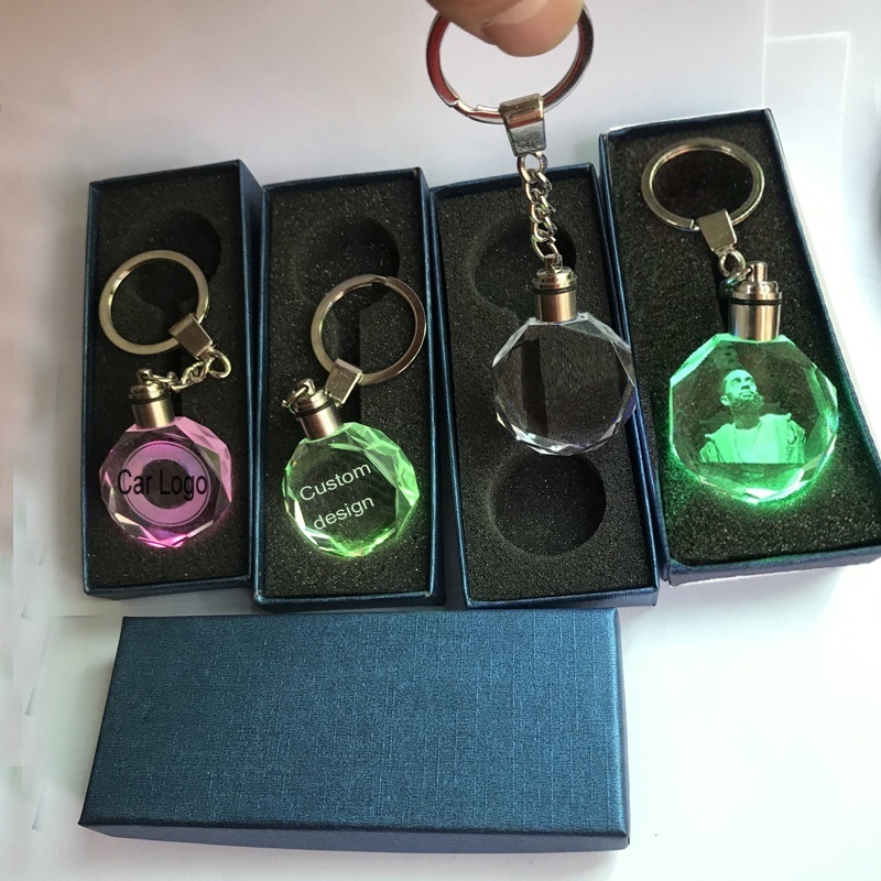 custom laser car logo Animation Led flashlight Crystal Glass Keychains 3cm for giveaway gift