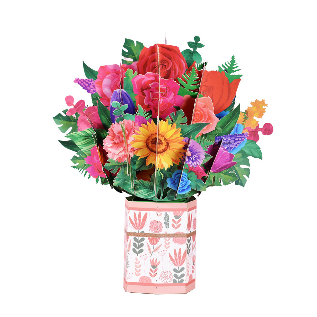 Amazon hot sales paper craft 3d flower bouquet card with Note greeting card