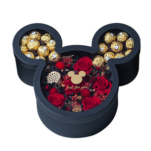 Hot selling Mickey mouse shape flower gift hat box rose bouquet gift packaging with clear see through pvc window