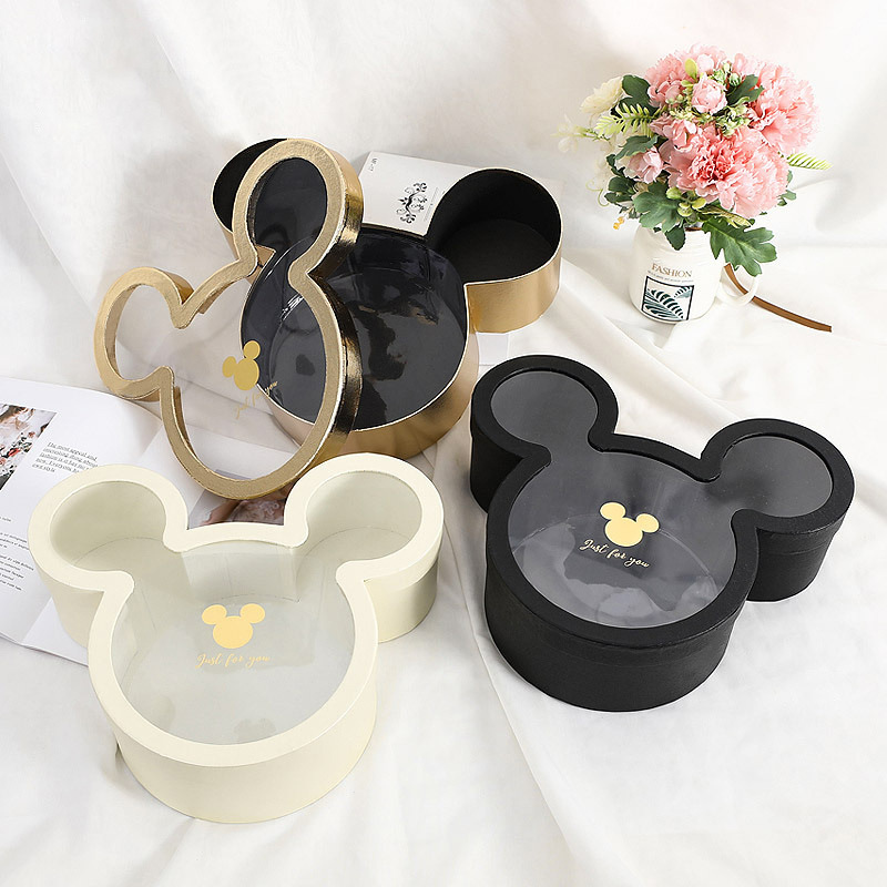 Hot selling Mickey mouse shape flower gift hat box rose bouquet gift packaging with clear see through pvc window