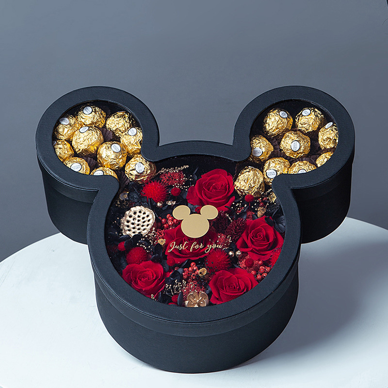 Hot selling Mickey mouse shape flower gift hat box rose bouquet gift packaging with clear see through pvc window