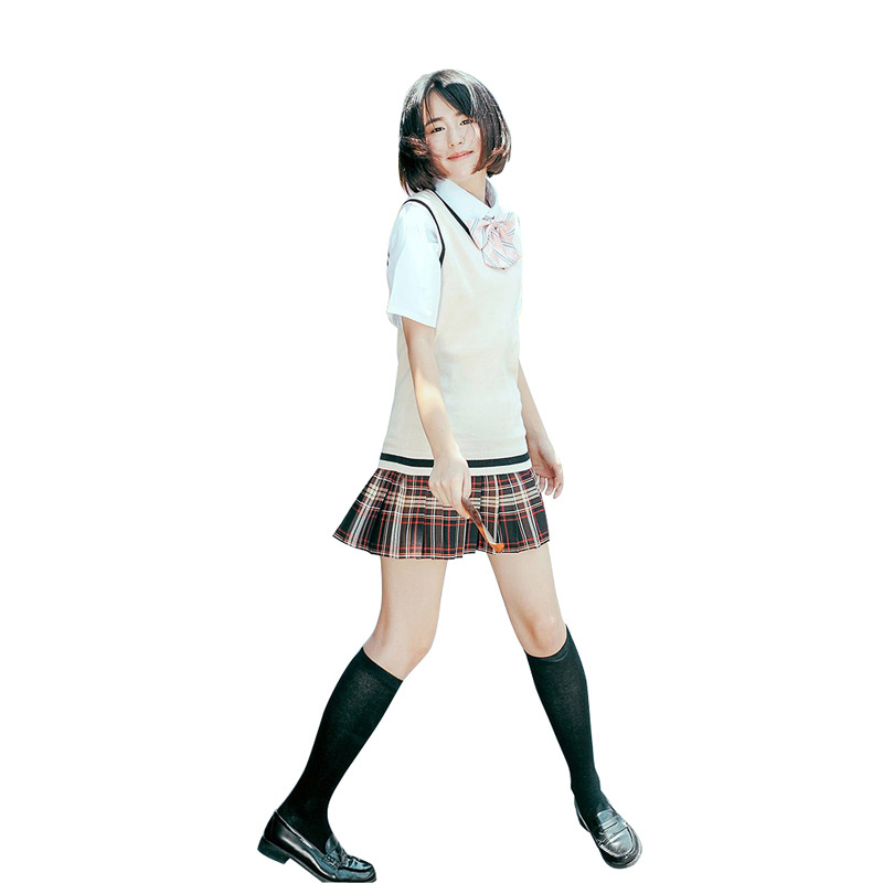 High quality Japanese Retro Sexy Style Vest Sweater Middle High School uniform girls short skirt wholesale &Custom Logo