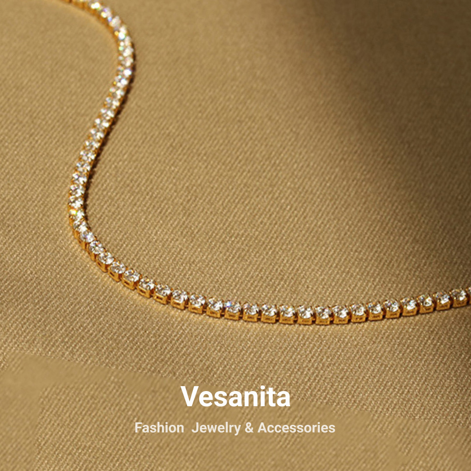 Vesanita Fashion Luxury Cubic Zirconia Jewelry Necklace Choker Sparkle Bling Zircon Stone Fake Diamond CZ Tennis Chain For Women