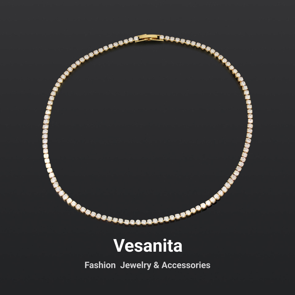 Vesanita Fashion Luxury Cubic Zirconia Jewelry Necklace Choker Sparkle Bling Zircon Stone Fake Diamond CZ Tennis Chain For Women