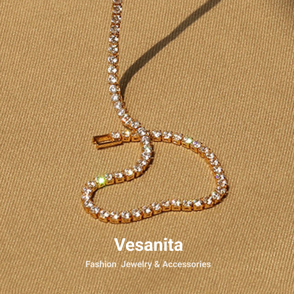 Vesanita Fashion Luxury Cubic Zirconia Jewelry Necklace Choker Sparkle Bling Zircon Stone Fake Diamond CZ Tennis Chain For Women