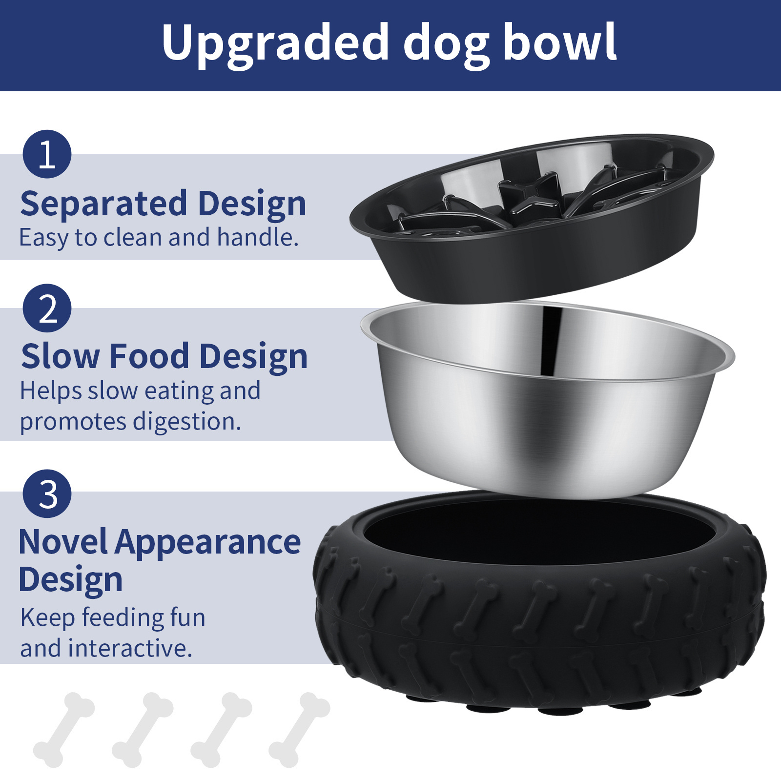 Yee 3-in-1 Large Capacity Stainless Steel Dog Bowl Removable Slow Eating Dog Bowl with Anti-Slip Suction Cup Pet Bowl