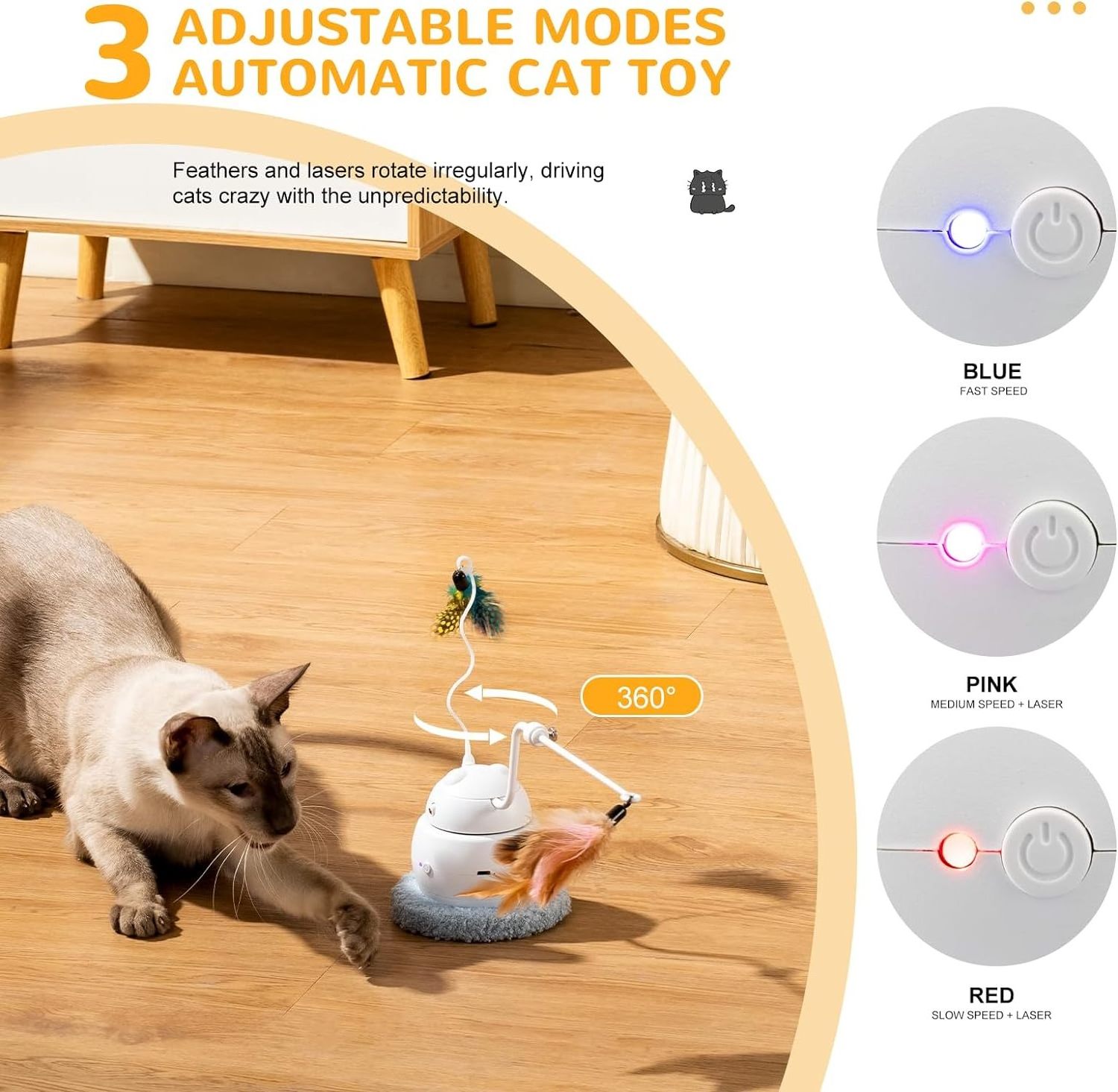 Interactive Cat Toy Rechargeable with Laser Automatic Feather Toy Adjustable Multiple Modes Indoor Pet Exercise Toy