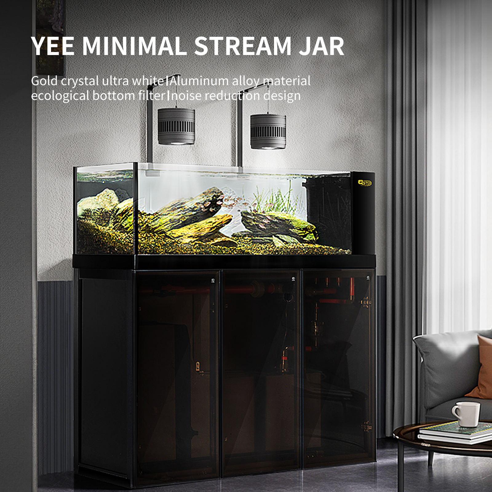 Yee Stream flow goldfish tank living room bottom filter Ultra white glass side overflow bottom filter large aquarium fish tanks