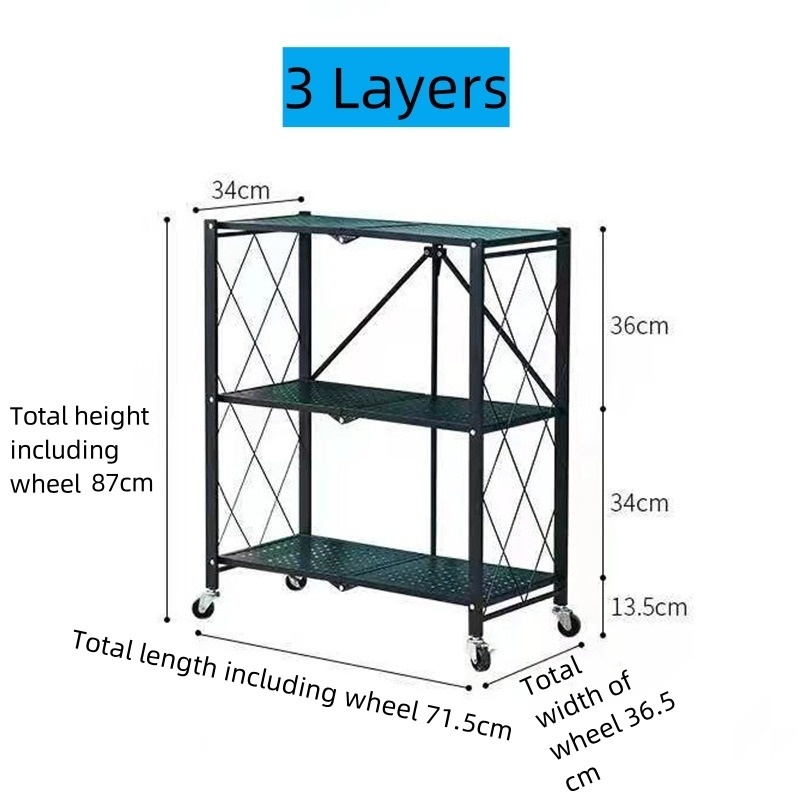 Multi-Layer Folding Metal Trolley Storage Rack with Locking Wheels for Home Use Stacking Racks & Shelves