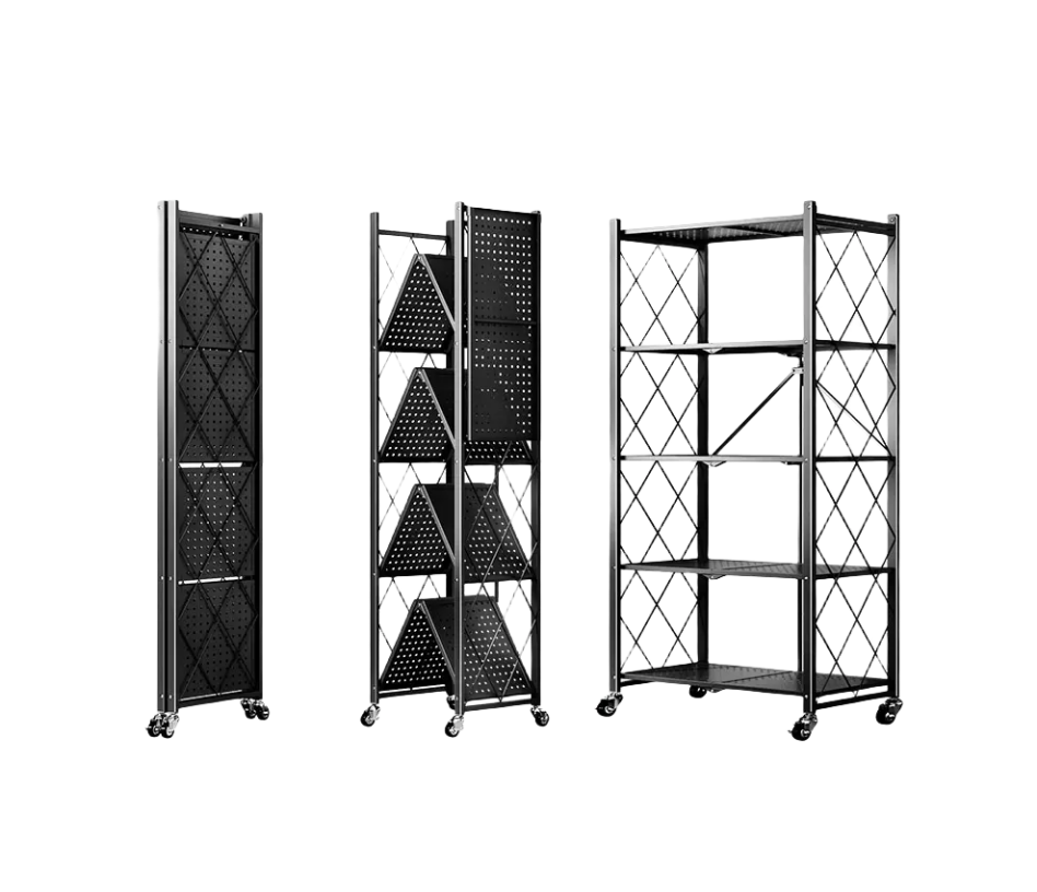 Multi-Layer Folding Metal Trolley Storage Rack with Locking Wheels for Home Use Stacking Racks & Shelves