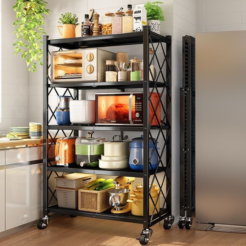 Multi-Layer Folding Metal Trolley Storage Rack with Locking Wheels for Home Use Stacking Racks & Shelves