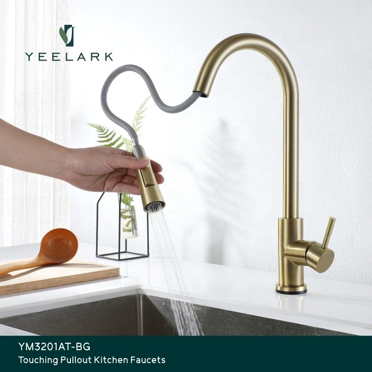 Brushed Gold Stainless Steel 304 Touch -operated Kitchen Faucet Water Tap Pull Down Sprayer Mixer Touchless Kitchen Tap