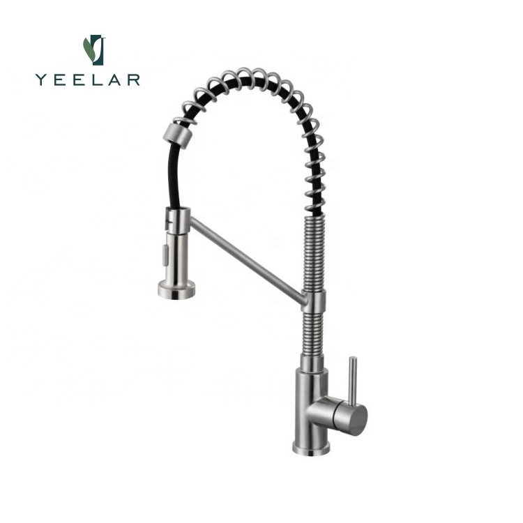 Commercial SUS304 3 Way Pre Rinse Gold Spring Kitchen Sink Faucet with Pull Out Sprayer Hot Cold Mixer Flexible Water Tap