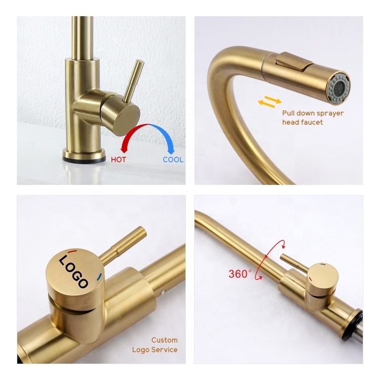 Brushed Gold Stainless Steel 304 Touch -operated Kitchen Faucet Water Tap Pull Down Sprayer Mixer Touchless Kitchen Tap