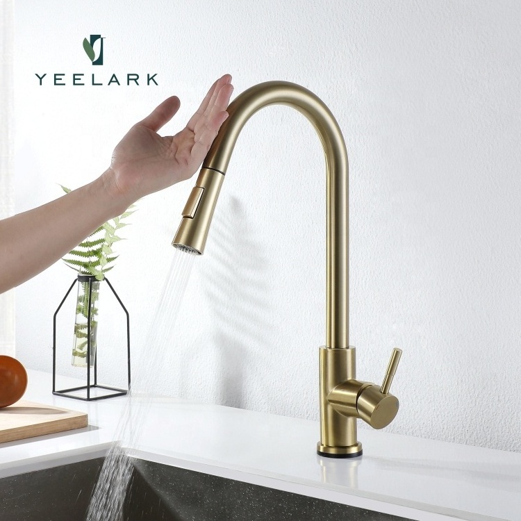 Brushed Gold Stainless Steel 304 Touch -operated Kitchen Faucet Water Tap Pull Down Sprayer Mixer Touchless Kitchen Tap