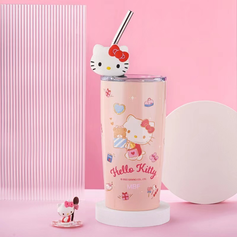 Sanrio Kawaii Kuromi Cup Accessories Stainless Steel  Hello Cat Water Bottle 600ml With Straw